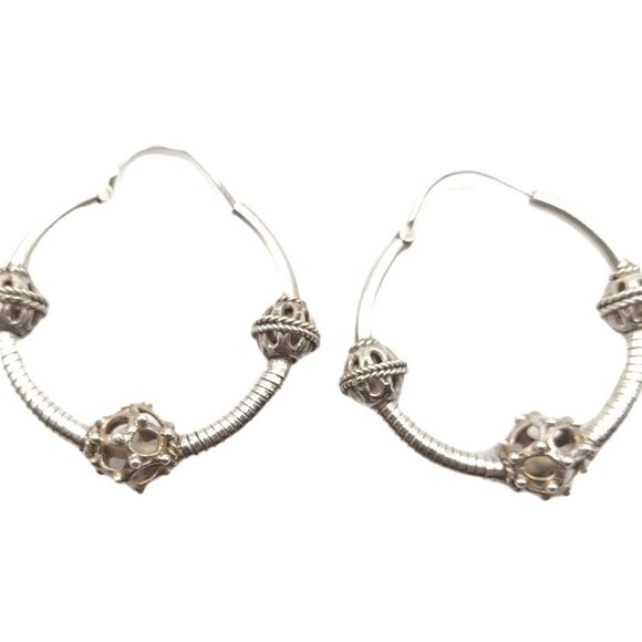 Antique Eastern European Slavic Sterling Silver Tribal Folk Hoop Earrings 15.6g - Picture 4 of 8